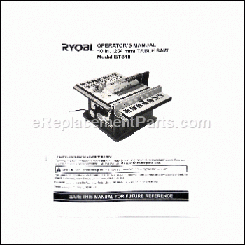 Owners Manual Bts10; Last S/n - 972000910:Ryobi