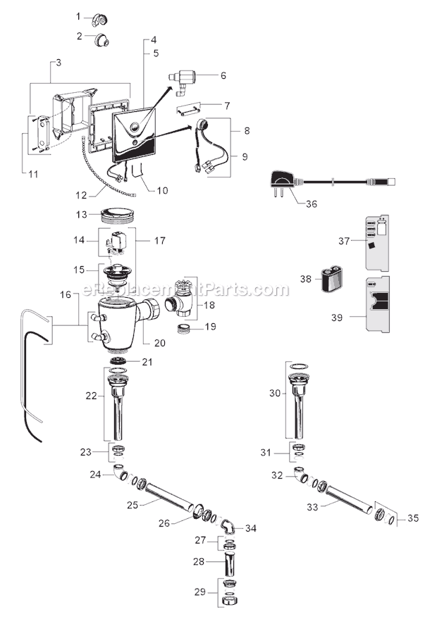 American Standard 6061.205 Proximity Urinal Concealed Flush Valve 1.0 & 0.5 Gpf Page A Diagram