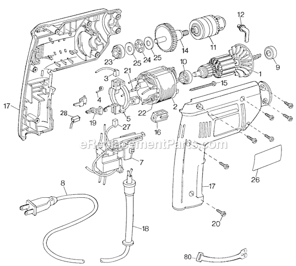 Black and Decker 7193 Type 1 D2500 3/8 Variable Speed Reversible Drill Page A Diagram