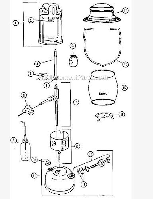 Coleman 3000001138 1-Mantle Kerosene Lantern Page A Diagram
