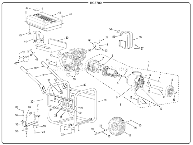 Homelite HG5700 5700 Watt Portable Generator General Assembly Diagram