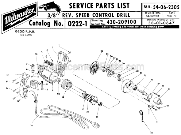 Milwaukee 0222-1 (SER 430-209100) Electric Drill / Driver Page A Diagram