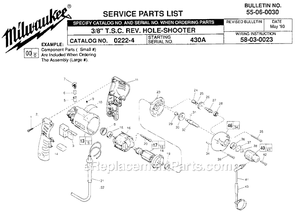 Milwaukee 0222-4 (SER 430-1001) 3/8" T.S.C. Rev. Hole Shooter Page A Diagram