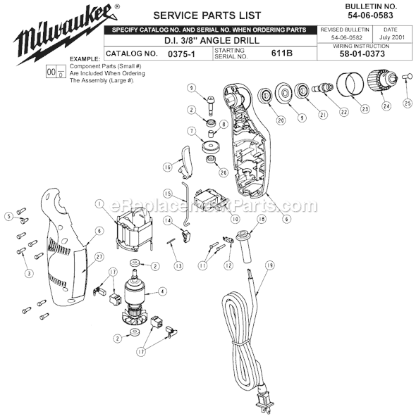 Milwaukee 0375-1 (SER 611B) DI 3/8" Angle Drill Page A Diagram