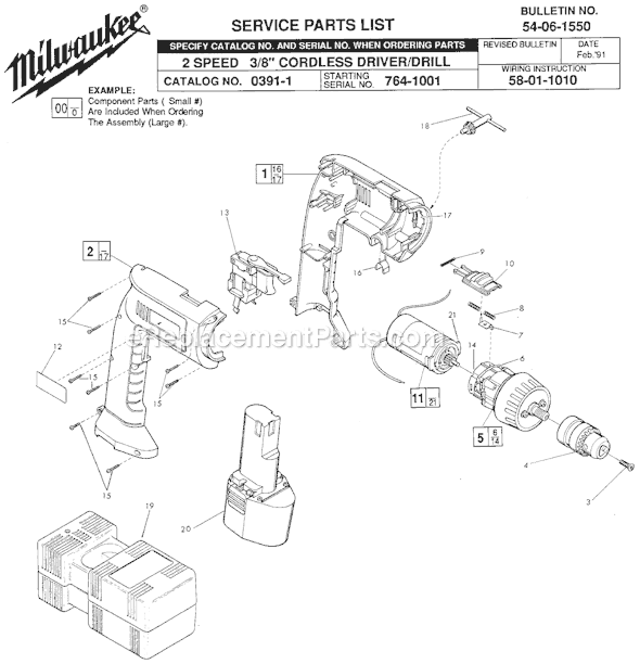 Milwaukee 0391-1 (SER 764-1001) 2-Speed 9.6V 3/8" Cordless Drill Page A Diagram