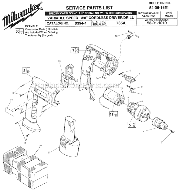 Milwaukee 0394-1 (SER 765A) 9.6V VS 3/8" Cordless Drill Page A Diagram