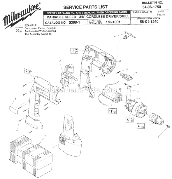 Milwaukee 0398-1 (SER 778-1001) 12V 3/8" Variable Speed Cordless Drill Page A Diagram