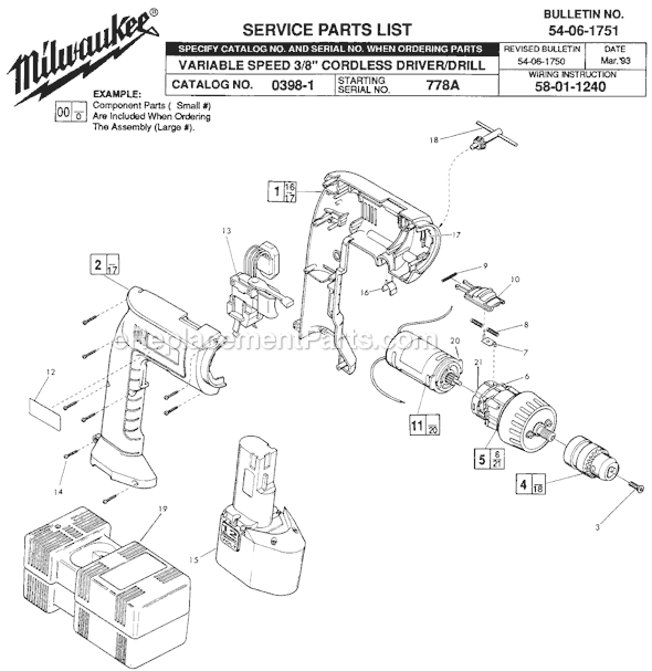 Milwaukee 0398-1 (SER 778A) 12V 3/8" Variable Speed Cordless Drill Page A Diagram