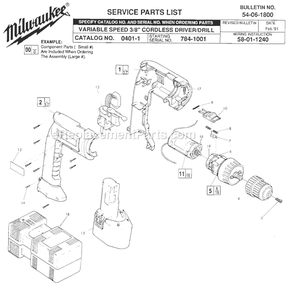 Milwaukee 0401-1 (SER 784-1001) 12V 3/8" Variable Speed Cordless Drill Page A Diagram