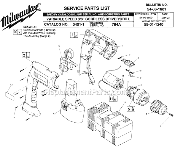 Milwaukee 0401-1 (SER 784A) Cordless Driver/Drill Page A Diagram