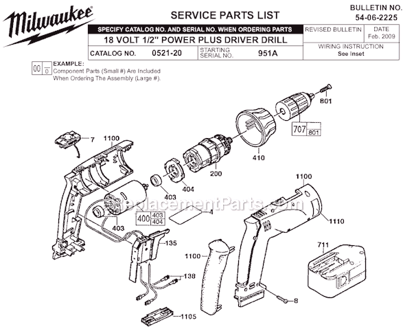 Milwaukee 0521-20 (SER 951A) 18V 1/2" Cordless Drill Page A Diagram