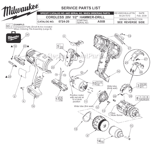 Milwaukee 0724-20 (SER A55B) Cordless 28V 1/2" Hammer-Drill Page A Diagram