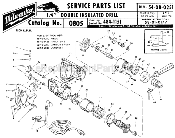 Milwaukee 0805 (SER 484-1151) Electric Drill / Driver Page A Diagram