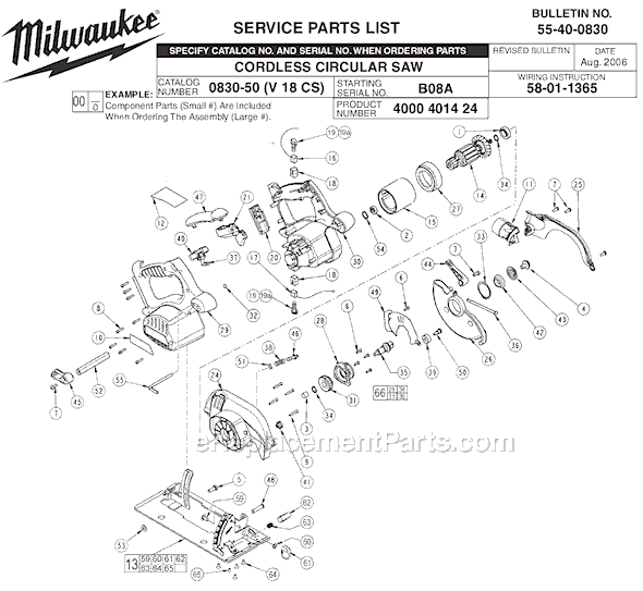 Milwaukee 0830-50 (SER B08A) Cordless Circular Saw Page A Diagram