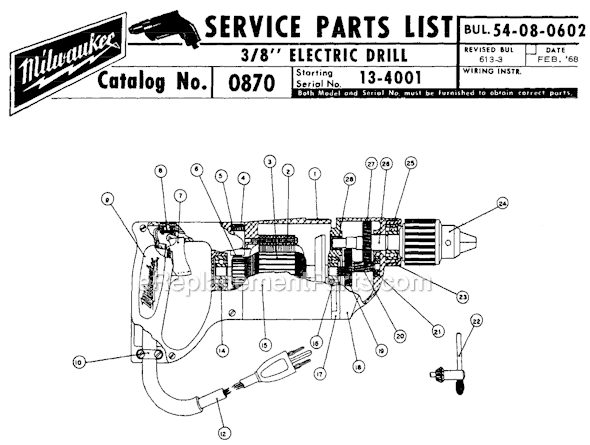 Milwaukee 0870 (SER 13-4001) 3/8" Electric Drill Page A Diagram