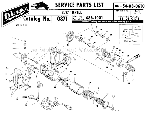 Milwaukee 0871 (SER 486-1001) 3/8" Drill Page A Diagram