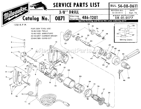 Milwaukee 0871 (SER 486-1201) 3/8" Drill Page A Diagram