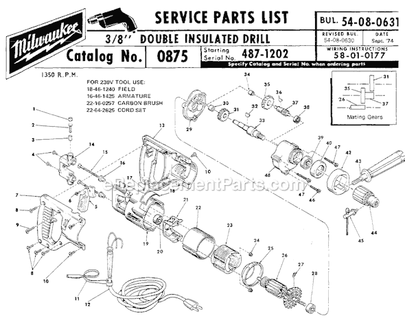 Milwaukee 0875 (SER 487-1202) Double Insulated Drill Page A Diagram