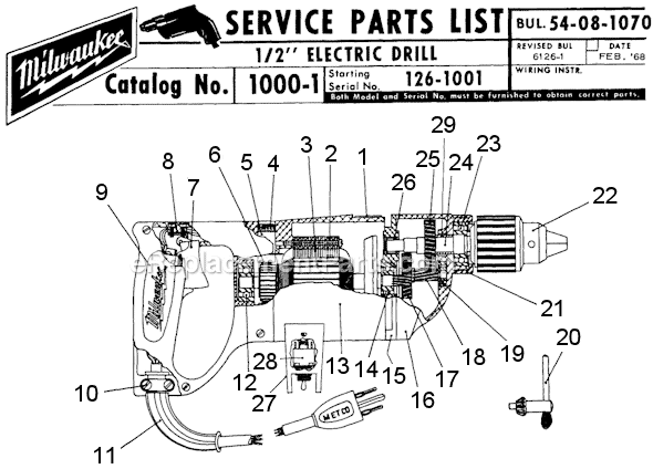 Milwaukee 1000-1 (SER 126-1001) 1/2" Electric Drill Page A Diagram