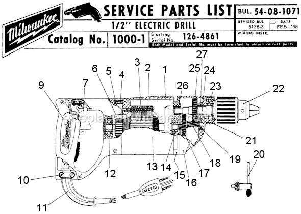 Milwaukee 1000-1 (SER 126-4861) 1/2" Electric Drill Page A Diagram