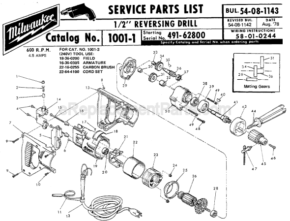 Milwaukee 1001-1 (SER 491-62800) Electric Drill / Driver Page A Diagram