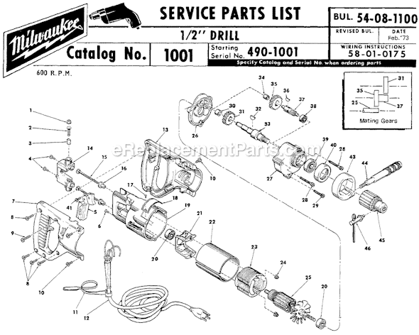 Milwaukee 1001 (SER 490-1001) 1/2" Drill Page A Diagram