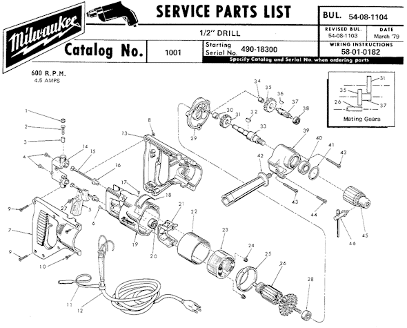 Milwaukee 1001 (SER 490-18300) 1/2" Drill Page A Diagram