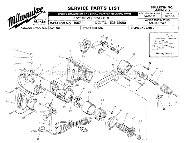 Milwaukee 1007-1 (SER 628-18000) 1/2 D-Handle Drill 0-600 RPM with Quik-Lok cord Page A Diagram