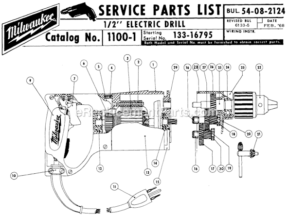 Milwaukee 1100-1 (SER 133-16795) 1/2" Electric Drill Page A Diagram