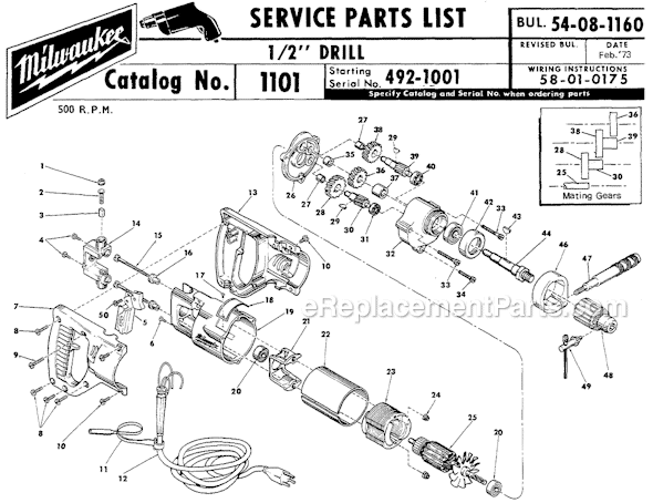 Milwaukee 1101 (SER 492-1001) 1/2" Drill Page A Diagram