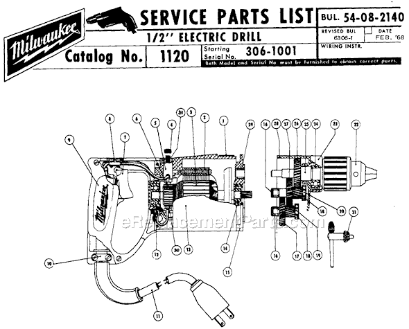 Milwaukee 1120 (SER 306-1001) 1/2" Electric Drill Page A Diagram