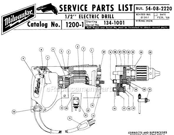 Milwaukee 1200-1 (SER 134-1001) 1/2" Electric Drill Page A Diagram