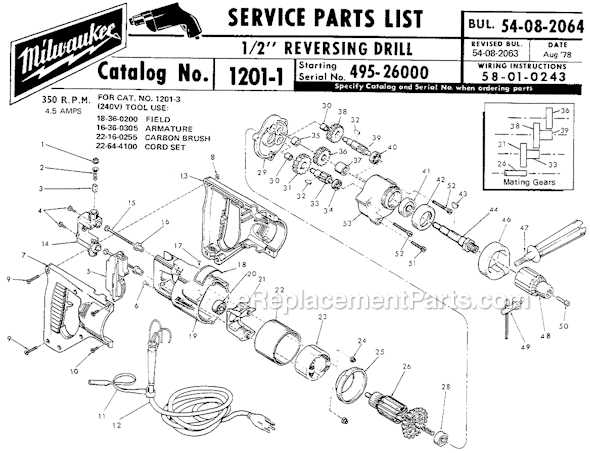 Milwaukee 1201-1 (SER 495-26000) 1/2" Reversing Drill Page A Diagram