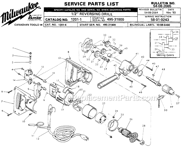 Milwaukee 1201-1 (SER 495-31000) 1/2" Reversing Drill Page A Diagram