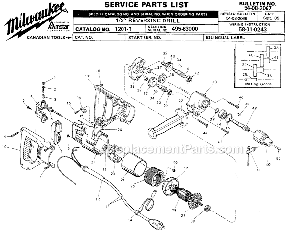 Milwaukee 1201-1 (SER 495-63000) 1/2" Reversing Drill Page A Diagram