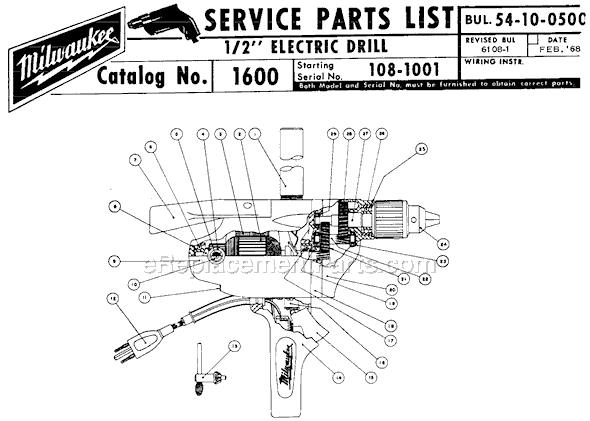 Milwaukee 1600 (SER 108-1001) 1/2" Electric Drill Page A Diagram