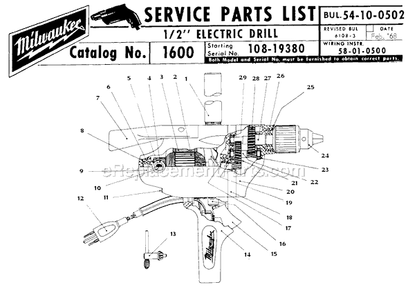 Milwaukee 1600 (SER 108-19380) 1/2" Electric Drill Page A Diagram