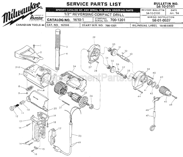 Milwaukee 1610-1 (SER 700-1201) 1/2 Inch Reversing Compact Drill Page A Diagram