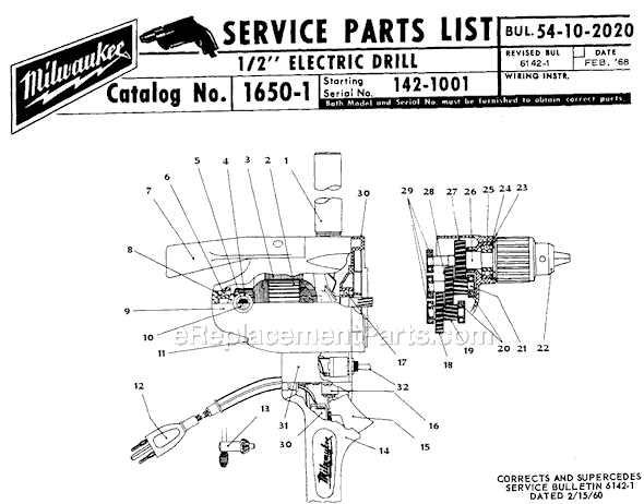 Milwaukee 1650-1 (SER 142-1001) 1/2" Electric Drill Page A Diagram