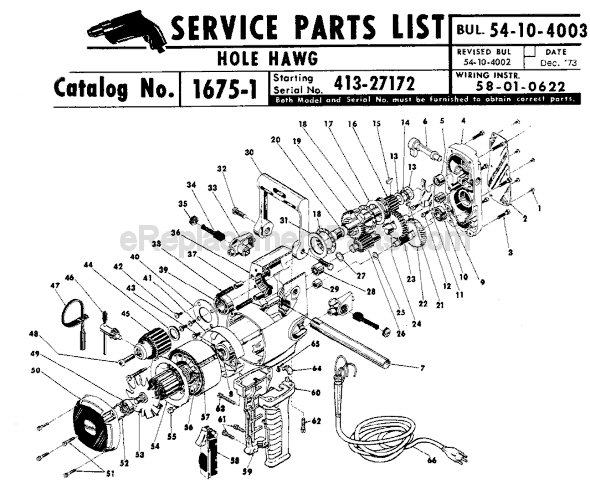 Milwaukee 1675-1 (SER 413-27172) Two Speed Hole Hawg Drill Page A Diagram