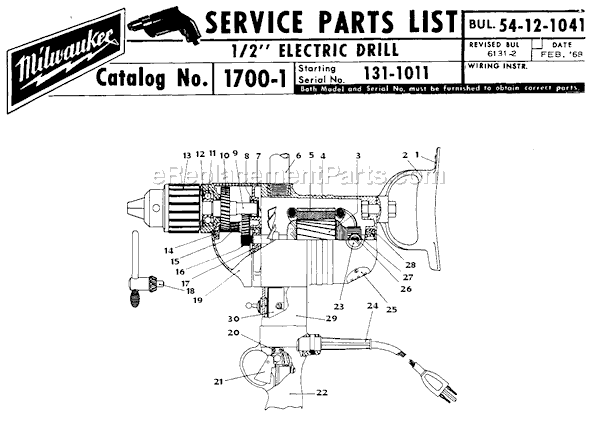 Milwaukee 1700-1 (SER 131-1011) 1/2" Electric Drill Page A Diagram