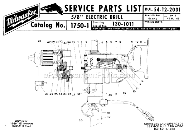 Milwaukee 1750-1 (SER 130-1011) 5/8" Electric Drill Page A Diagram