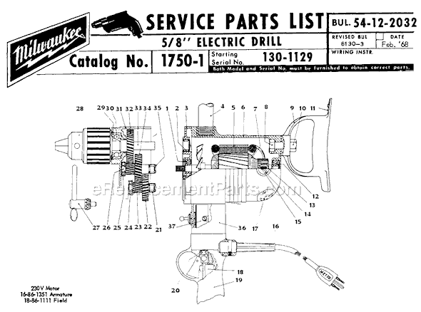 Milwaukee 1750-1 (SER 130-1129) 5/8" Electric Drill Page A Diagram