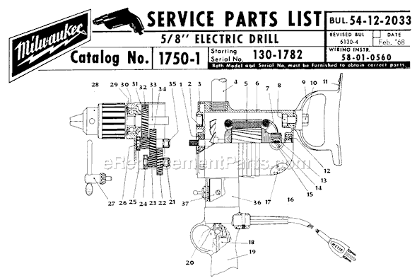 Milwaukee 1750-1 (SER 130-1782) 5/8" Electric Drill Page A Diagram