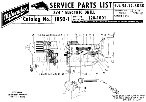 Milwaukee 1850-1 (SER 128-1001) 3/4" Electric Drill Page A Diagram