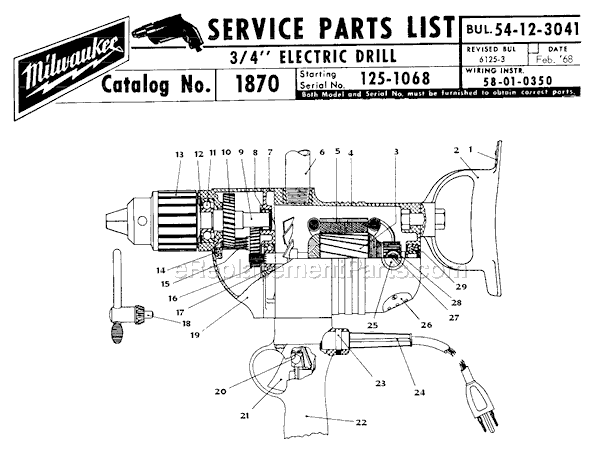 Milwaukee 1870 (SER 125-1068) 3/4" Electric Drill Page A Diagram