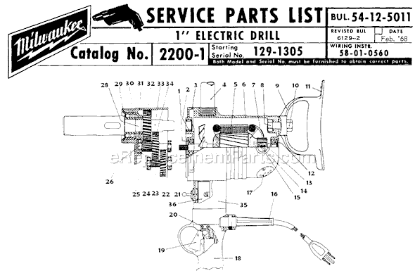 Milwaukee 2200-1 (SER 129-1305) 1" Electric Drill Page A Diagram