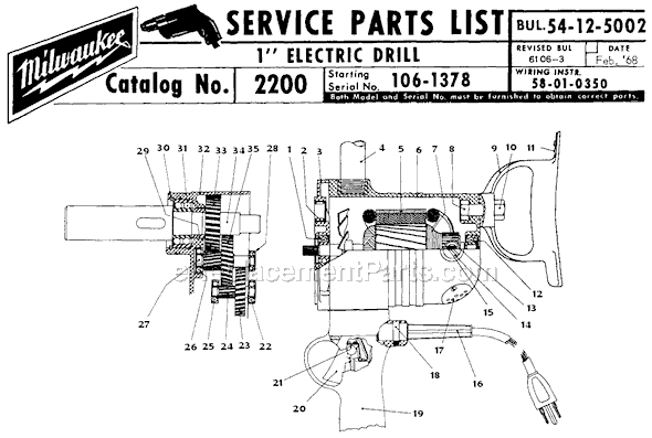 Milwaukee 2200 (SER 106-1378) 1" Electric Drill Page A Diagram