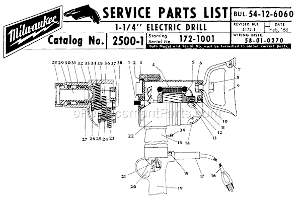 Milwaukee 2500-1 (SER 172-1001) 1-1/4" Electric Drill Page A Diagram