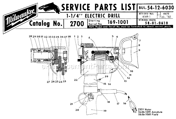 Milwaukee 2700 (SER 169-1001) 1-1/4" Electric Drill Page A Diagram